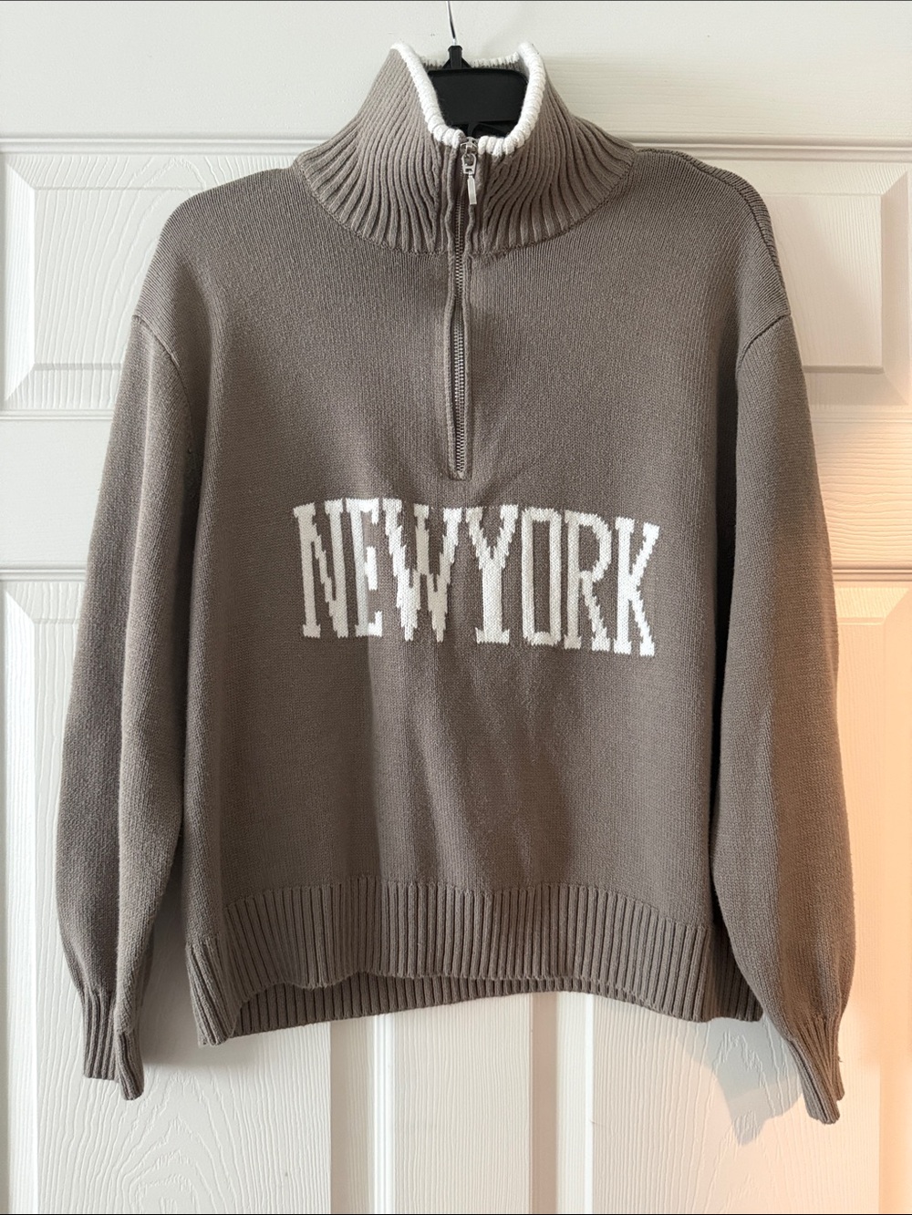 Hollister Taupe Half-Zip Turtleneck Sweater with White NEWYORK Script